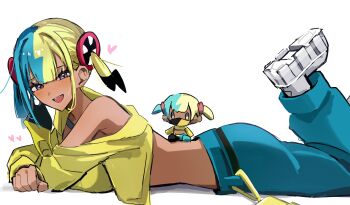 1girl absurdres aqua_hair ass baggy_pants bandeau blonde_hair blue_eyes blush breasts canari_(pokemon) canari_plush_(pokemon) center-flap_bangs criss-cross_straps dark-skinned_female dark_skin hand_up head_rest heart highres jacket kairi0w0 leg_up long_sleeves lying medium_breasts multicolored_hair nintendo no_mask on_stomach pants pokemon pokemon_legends:_z-a short_twintails solo split-color_hair twintails two-tone_pants yellow_bandeau yellow_jacket