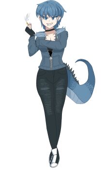 1girl black_choker black_gloves black_pants black_shirt black_shoes blue_eyes blue_hair blue_hoodie breasts choker cigarette cleavage commentary copyright_request crossed_legs denim ear_piercing earrings face_piercing fingerless_gloves gloves highres holding holding_cigarette hood hoodie jeans jewelry kame-chan_(oligogi_meoggosipda) lip_piercing lizard_tail mole mole_under_eye monster_girl oligogi_meoggosipda pants piercing pixelated ribbon_choker sharp_teeth shirt shoes short_hair simple_background smirk smoke smoking sneakers solo spikes tail teeth umoriu1 watson_cross zipper