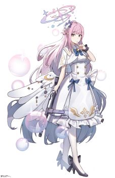 1girl absurdres angel_wings blue_archive blue_bow bow breasts buttons capelet closed_mouth crescent double-breasted dress feathered_wings flower full_body gold_trim gradient_hair gun hair_bun hair_flower hair_ornament halo high_heels highres holding holding_gun holding_weapon jeze lanchester_smg long_hair looking_at_viewer low_wings medium_breasts mika_(blue_archive) multicolored_hair pantyhose pink_hair pink_halo pumps scrunchie simple_background single_hair_bun single_side_bun smile solo submachine_gun very_long_hair weapon white_background white_capelet white_dress white_hair white_pantyhose white_wings wing_ornament wings wrist_scrunchie yellow_eyes