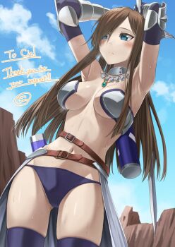 1girl alternate_costume armor armpits arms_behind_back belt bikini_armor blue_eyes blue_sky breasts brown_hair cloud commentary commission commissioner_name english_commentary holding holding_sword holding_weapon large_breasts long_hair navel outdoors rourou_ill skeb_commission sky solo sweat sword tales_of_(series) tales_of_the_abyss tear_grants thank_you weapon