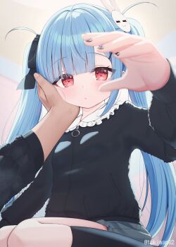 1girl absurdres black_bow black_nails black_shirt blue_hair bow breasts commentary_request frilled_shirt_collar frills hair_bow hair_ornament hairclip highres kanae_(tsukiman) long_hair long_sleeves original pov pov_hands rabbit_hair_ornament red_eyes shirt skirt small_breasts socks solo_focus tsukiman twintails very_long_hair