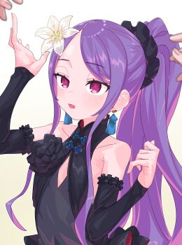 1girl 1other absurdres bare_shoulders black_dress blush breasts commentary_request detached_sleeves dress earrings fate/grand_order fate_(series) flower forehead hair_flower hair_ornament hair_scrunchie highres jewelry long_hair niwaikanai open_mouth parted_bangs pov purple_eyes purple_hair scrunchie sidelocks small_breasts solo_focus tassel tassel_earrings very_long_hair wu_zetian_(celebratory_attire)_(fate) wu_zetian_(fate)