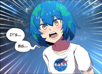 1girl blue_background blue_hair commentary double-parted_bangs earth-chan emphasis_lines english_commentary english_text green_hair hair_between_eyes highres hinghoi logo looking_at_viewer merryweather multicolored_hair nasa_logo open_mouth original personification shirt short_hair short_sleeves solo speech_bubble t-shirt talking two-tone_hair upper_body white_shirt