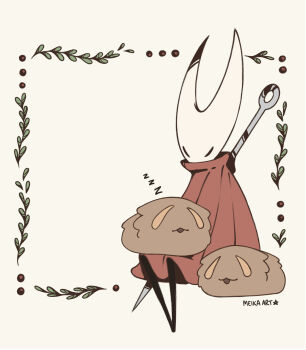 1girl absurdres animal animal_on_lap arthropod_girl black_skin cloak colored_skin flea_(hollow_knight) full_body highres hollow_knight hollow_knight:_silksong horned_mask hornet_(hollow_knight) horns mask meikaartist needle_(hollow_knight) on_lap red_cloak sitting sleeping weapon weapon_on_back white_background white_mask