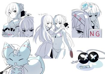 Rule 34 | 2girls, :<, :/, = =, animal print, bare shoulders, black bow, bow, bow bra, bra, braid, breasts, butterfly print, collarbone, commentary request, cowboy shot, crossed bangs, crown braid, food, frown, hair between eyes, hair bobbles, hair bow, hair bun, hair ornament, hair ribbon, hands on another's shoulders, headband, holding table tennis paddle, inari (summer pockets), limited palette, long hair, looking at another, looking at viewer, looking back, medium breasts, miniskirt, multiple girls, multiple views, navel, nontraditional miko, official alternate costume, on head, outstretched hand, panties, puffy short sleeves, puffy sleeves, ribbon, school uniform, shaved ice, shirt, short sleeves, siblings, sidelocks, simple background, single hair bun, sisters, skirt, sorakado ai, sorakado ao, summer pockets, summer pockets school uniform, tagame (tagamecat), translation request, twins, twintails, underwear, underwear only, upper body, v-shaped eyebrows, very long hair, white bra, white panties, white shirt, white skirt