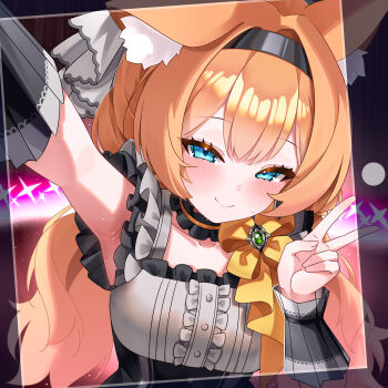 1girl absurdres animal_ear_fluff animal_ears armpits black_headband blue_archive blue_eyes breasts cat_ears choker frilled_choker frills grey_feathers hair_between_eyes headband highres idol_clothes long_hair looking_at_viewer low_twintails mari_(blue_archive) mari_(idol)_(blue_archive) medium_breasts official_alternate_costume orange_hair outstretched_arm qiye_jiexian reaching reaching_towards_viewer smile solo twintails v very_long_hair wrist_wrap