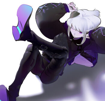 1boy androgynous belt black_boots black_jacket black_pants boots closed_mouth colored_eyelashes down_jacket gapamopa grey_hair highres jacket leg_belt lio_fotia looking_at_viewer lying male_focus multiple_belts on_back one_eye_closed pants promare purple_eyes shadow short_hair solo thigh_belt thigh_strap