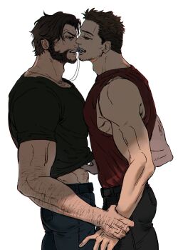 2boys arm_hair ass belt black_pants brown_hair chest_hair deadpool dog_tags eye_contact facial_hair hand_under_clothes hand_under_shirt highres holding_another's_wrist large_pectorals light_brown_hair looking_at_another male_focus marvel mcbuckwheat multiple_boys necklace_in_mouth pants pectoral_docking pectoral_press pectorals shirt short_hair short_sleeves sleeveless tank_top teeth white_background wolverine_(x-men) x-men x-men_film_series x-men_origins:_wolverine yaoi