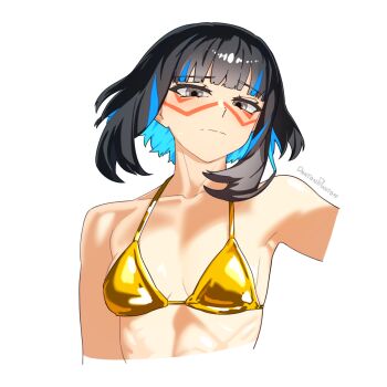1girl abs bare_shoulders bikini black_hair blue_hair breasts colored_inner_hair dantonphanton facepaint fate/grand_order fate_(series) gold_bikini grey_eyes highres looking_at_viewer multicolored_hair short_hair sidelocks small_breasts solo swimsuit tenochtitlan_(fate) tenochtitlan_(first_ascension)_(fate)