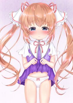 1girl artist_request blue_eyes blue_shirt blue_skirt blush bow bow_panties brown_hair clothes_lift gluteal_fold highres lifting_own_clothes loli long_hair miniskirt nanami_to_konomi_no_oshiete_abc nishimura_nanami panties ribbon shirt short_sleeves sin-go skirt skirt_lift solo thighs twintails underwear very_long_hair white_panties