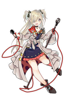 Rule 34 | 1girl, asymmetrical sleeves, badge, belt, belt buckle, black belt, black boots, black bow, blonde hair, blue skirt, blue tank top, boots, bow, brooch, brown coat, buckle, cable, chili (pixiv 23103186), coat, commentary request, dot nose, frilled coat, frilled skirt, frills, full body, girls' frontline, hair bow, hair over one eye, happy, heart, heart brooch, highres, hk21 (chain breaker) (girls' frontline), hk21 (girls' frontline), holding, holding microphone, holding microphone stand, idol, jewelry, kneehighs, light blush, long hair, long sleeves, looking ahead, microphone, microphone stand, midriff, miniskirt, official alternate costume, open clothes, open coat, open mouth, polka dot coat, purple eyes, red coat, red socks, shoe belt, simple background, single kneehigh, single sock, skirt, sleeve cuffs, sleeves past fingers, sleeves past wrists, smile, socks, solo, standing, striped clothes, striped socks, tank top, tareme, teeth, two-sided coat, two-sided fabric, two sidriver, upper teeth only, vertical-striped clothes, vertical-striped socks, very long hair, white background