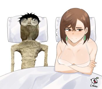 Rule 34 | 1boy, 1girl, absurdres, ayase momo, bed, black hair, breasts, brown eyes, brown hair, couple, dandadan, drying, drying body, earrings, glasses, guy tired after sex (meme), hachi (chisano hako), highres, jewelry, large breasts, meme, mexico ufo alien bodies hearing (meme), signature, takakura ken (dandadan)
