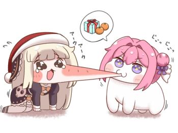 2girls :3 all_fours biting biting_cheek black_dress black_eyes blonde_hair blunt_bangs blush chibi chibi_only commentary_request crossover doorookingdom doro_(nikke) double_bun dress full_body goddess_of_victory:_nikke hair_bun hat highres looking_at_another meme multiple_girls open_mouth pink_hair purple_eyes santa_hat simple_background skull speaki_(trickcal) speakiposting_(meme) tearing_up thighhighs trickcal white_background white_thighhighs