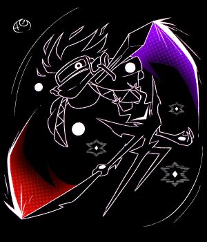 abstract black_background cape commentary crossover dark_matter_(kirby) dark_matter_blade deltarune efy727 english_commentary highres horns kirby_(series) knight mask nintendo no_humans one-eyed roaring_knight simple_background swinging_weapon sword trait_connection utdr_(toby_fox) weapon