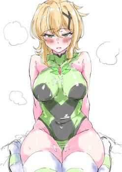 1girl akatsuki_kirika blonde_hair blush breasts covered_navel green_eyes green_leotard green_thighhighs hair_ornament leotard looking_at_viewer medium_breasts puri_0228 senki_zesshou_symphogear shiny_skin short_hair simple_background sitting smile solo striped_clothes striped_thighhighs sweat thighhighs undersuit wariza white_background x_hair_ornament