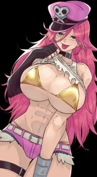 1girl abs absurdres belt_buckle belt_collar black_background blue_eyes breasts buckle clothes_lift collar commentary crop_top english_commentary fingerless_gloves gloves gold_bra hat highres long_hair looking_at_viewer navel pink_hair pink_hat pink_shorts poison poison_(final_fight) shirt_lift shorts solo street_fighter street_fighter_iv_(series) tongue wanderjegson