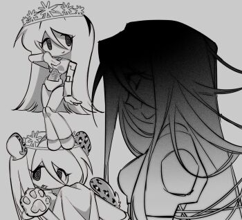 1girl air_zizon android animal_ears closed_mouth empty_eyes eunoia_(frozen_soul) fang floating_head frozen_soul greyscale hairband highres joints leopard_ears leopard_tail long_hair monochrome multiple_views open_mouth roblox robot_joints see-through_body simple_background smile static tail tiara very_long_hair