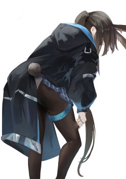 1girl absurdres accidental_exposure adjusting_clothes adjusting_legwear amiya_(arknights) animal_ear_fluff animal_ears arknights ass black_coat blue_skirt brown_hair brown_pantyhose clothes_lift coat covered_eyes feet_out_of_frame from_behind grey_panties highres hood hood_down hooded_coat jewelry leaning_forward lifted_by_tail long_hair long_sleeves multiple_rings panties pantyhose plaid_clothes plaid_skirt ponytail puffy_sleeves rabbit_ears rabbit_girl rabbit_tail remapack77 ring ring_on_every_finger simple_background skirt skirt_lift solo standing tail two-sided_coat two-sided_fabric underwear very_long_hair white_background