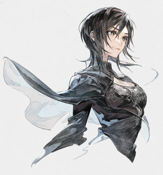 10h_(nier_reincarnation) 10h_(nier_reincarnation)_(cosplay) 1girl black_cape black_dress black_hair breasts brown_eyes cape cleavage_cutout closed_mouth clothing_cutout cosplay cropped_torso crow0cc dress final_fantasy final_fantasy_vii final_fantasy_vii:_ever_crisis grey_background hair_between_eyes highres long_sleeves nier_(series) nier_reincarnation official_alternate_costume short_hair smile solo two-sided_capelet upper_body yuffie_kisaragi