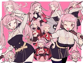 >_< 1girl ;d axe black_dress blush breasts cleavage do_m_kaeru dress fire_emblem fire_emblem:_three_houses fire_emblem_warriors:_three_hopes freikugel_(fire_emblem) garreg_mach_monastery_uniform gloves hair_bun hilda_valentine_goneril hilda_valentine_goneril_(timeskip) holding holding_axe looking_at_viewer medium_breasts nintendo official_alternate_costume official_alternate_hair_color official_alternate_hairstyle one_eye_closed open_mouth pink_background pink_eyes pink_hair ponytail smile thighhighs thighs twintails