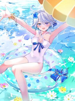 1girl alternate_costume armpits blue_eyes blue_hair breasts flower furina_(genshin_impact) genshin_impact hair_between_eyes hair_flower hair_ornament heterochromia highres innertube long_hair looking_at_viewer medium_breasts multicolored_hair namimenou one-piece_swimsuit open_mouth smile solo streaked_hair swim_ring swimsuit white_hair white_one-piece_swimsuit