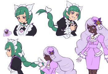 2girls :d apron bow brown_eyes commentary_request dark-skinned_female dark_skin dress enu_(nuts44) eyelashes fishnet_pantyhose fishnets green_hair grin hair_bow hand_up hat_ornament headdress highres jacinthe_(pokemon) lebanne_(pokemon) long_hair multiple_girls multiple_views nintendo open_mouth pantyhose pokemon pokemon_legends:_z-a puffy_sleeves simple_background smile sweatdrop teeth tilted_headwear upper_teeth_only white_apron white_background