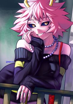 1girl absurdres artist_name ashido_mina bare_shoulders black_sclera black_sweater boku_no_hero_academia colored_sclera colored_skin commentary english_commentary grin head_rest hhholic highres horns jewelry long_sleeves looking_at_viewer necklace pearl_necklace pink_hair pink_skin ring short_hair smile solo sweater teeth twitter_username yellow_eyes