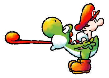2boys baby baby_mario boots brown_boots brown_hair colored_skin diaper green_skin green_yoshi hat highres mario mario_(series) multiple_boys nintendo official_art open_mouth short_hair simple_background third-party_source tongue tongue_out white_background yoshi yoshi&#039;s_island_ds
