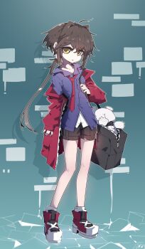 1girl absurdres adapted_costume ahoge alvin_row_(pixiv_107626345) animification bag black_bag black_shoes black_shorts blue_background blue_shirt brown_hair cape coat commentary_request full_body genderswap genderswap_(mtf) gradient_background gradient_hair grey_hair hair_intakes highres holding holding_bag i_wanna_be_the_guy long_hair long_sleeves looking_at_viewer loose_necktie low_ponytail mixed-language_commentary multicolored_hair multicolored_shoes necktie off_shoulder open_clothes open_coat parted_lips partially_unbuttoned ponytail red_coat red_necktie red_shoes shirt shoes short_hair short_shorts shorts shoulder_bag solo standing stuffed_animal stuffed_toy teddy_bear the_kid undershirt variant_set very_long_hair white_shirt white_shoes yellow_eyes