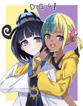 2girls :d :o belt belt_buckle black_dress black_hair blonde_hair blue_gloves blue_hair blush bob_cut border buckle canari_(pokemon) coat crop_top cropped_jacket dark-skinned_female dark_skin dress gloves gumoyu gwynn_(pokemon) highres jacket long_sleeves looking_at_viewer multicolored_hair multiple_girls nintendo o-ring o-ring_belt open_clothes open_coat open_mouth outside_border partially_fingerless_gloves pokemon pokemon_legends:_z-a purple_background purple_eyes short_hair smile split-color_hair two-tone_background two-tone_hair white_border white_coat yellow_background yellow_jacket