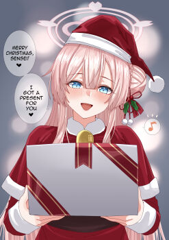1girl absurdres blue_archive blue_eyes blush box braid bun_with_braided_base capelet christmas commentary english_commentary english_text fur-trimmed_capelet fur-trimmed_headwear fur-trimmed_sleeves fur_trim gift gift_box hair_between_eyes hair_bun hair_ornament halo hat heart highres holding holding_box holding_gift holly_hair_ornament long_hair looking_at_viewer mimori_(blue_archive) musical_note open_mouth pink_hair pink_halo red_capelet red_hat red_shirt rynn_(darknescorez) santa_costume santa_hat shirt single_side_bun smile solo speech_bubble spoken_heart spoken_musical_note straight-on upper_body
