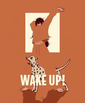 1girl aqua_nails arms_up barefoot black_hair blending closed_eyes dalmatian english_text highres long_hair midriff_peek navel orange_background orange_pants orange_shirt original pants shirt signature solo stretching syooooyoooo wide_shot