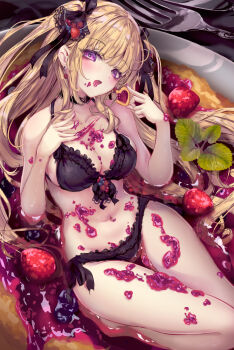 1girl bikini black_bikini black_ribbon blonde_hair blueberry breasts choker commentary_request cookie earrings eating food food-themed_earrings food_on_body food_on_face fork frilled_bikini frills front-tie_bikini_top front-tie_top fruit fruit_earrings garnish hair_ribbon hand_on_own_chest highres holding holding_cookie holding_food in_food jam jewelry large_breasts leaf long_hair missile228 original oversized_food oversized_object plate purple_eyes raspberry ribbon side-tie_bikini_bottom solo strawberry swimsuit thumbprint_cookie two_side_up very_long_hair