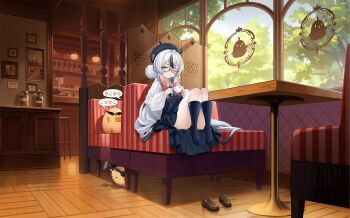 Rule 34 | 1girl, absurdres, azur lane, beret, black-framed eyewear, black hair, black panties, blue dress, blue eyes, blue hat, blue socks, coffee beans, cream, cream on face, cup, dress, egg, food, food on face, glasses, gradient hair, hat, highres, holding, holding cup, indoors, knees up, l'indomptable (azur lane), l'indomptable (the covert eavesdropper!) (azur lane), logo, manjuu (azur lane), multicolored hair, non-web source, official alternate costume, official art, one eye closed, panties, puffy sleeves, red hair, sitting, socks, solo, sunglasses, teacup, underwear, white hair