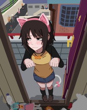 6+girls amane_misa animal_ears apartment cat_ears character_request crossover death_note door doorway embarrassed flcl from_above from_front from_inside ginko_(mushishi) haibane_renmei highres iwakura_lain kurokimoko looking_at_viewer mousou_dairinin multiple_crossover multiple_girls nakahara_misaki neon_genesis_evangelion nhk_ni_youkoso! outdoors paw_pose pov pururin_(nhk) reki_(haibane_renmei) samejima_mamimi serial_experiments_lain shounen_bat sketch souryuu_asuka_langley texhnolyze