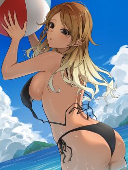 1girl :o absurdres ass ball beachball bikini black_bikini blonde_hair brown_hair commentary_request daiko_(dai1974910) gradient_hair highres holding holding_ball holding_beachball idolmaster idolmaster_shiny_colors izumi_mei long_hair looking_at_viewer looking_to_the_side median_furrow multicolored_hair open_clothes outdoors side-tie_bikini_bottom solo swimsuit untied_bikini