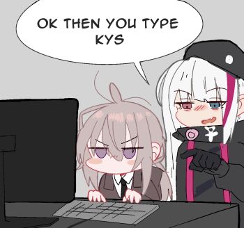 2girls black_hat black_jacket black_necktie blue_eyes blush_stickers brown_hair brown_jacket computer computer_keyboard english_text girls'_frontline hat jacket m200_(girls'_frontline) mdr_(girls'_frontline) meme monitor multiple_girls necktie ok_now_type_kill_yourself_loser_(meme) pointing pointing_at_object red_eyes red_hair shirt smart_oval speech_bubble table white_hair white_shirt