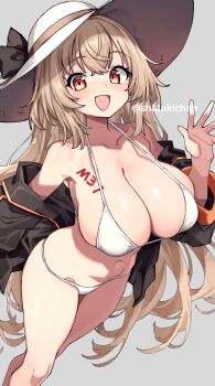 1girl :d bikini black_jacket body_writing breasts brown_hair commission girls&#039;_frontline hand_up hat highres jacket large_breasts long_hair looking_at_viewer m37_(girls&#039;_frontline) m37_(summer_parader)_(girls&#039;_frontline) navel official_alternate_costume open_clothes open_jacket open_mouth shigatsu_shizuki skeb_commission smile solo standing swimsuit twitter_username white_bikini white_hat yellow_eyes