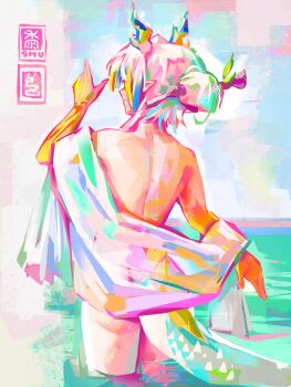 1girl absurdres arknights ass blue_horns character_name cloud cloudy_sky colored_extremities colored_skin day dragon_girl dragon_horns dragon_tail eastern_dragon_horns eastern_dragon_tail from_behind functionally_nude hair_ornament hair_stick hand_up highres horns in_water nikov ocean off_shoulder orange_skin outdoors pastel_colors pointy_ears sarong seal_impression see-through_clothes see-through_sarong sex sex_from_behind short_hair shu_(arknights) sky solo tail wading white_hair white_horns white_sarong white_tail yellow_horns yellow_skin