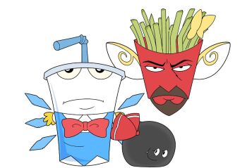 3boys aqua_teen_hunger_force blue_dress cirno cirno_(cosplay) commentary cosplay daiyousei daiyousei_(cosplay) dress english_commentary fang food french_fries frylock green_hair ice ice_wings kappce looking_at_viewer master_shake meatwad multiple_boys rumia rumia_(cosplay) simple_background touhou what white_background white_wings wings