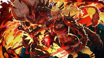 1girl armor artist_name black_armor black_gloves black_lips black_shorts black_thighhighs blonde_hair bracelet breasts cleavage cleavage_cutout clothing_cutout colored_skin commentary darkchylde demon_girl dual_persona elbow_pads english_commentary fingerless_gloves gloves glowing glowing_sword glowing_weapon grin highres holding holding_scythe holding_sword holding_weapon horns jewelry long_hair magik_(x-men) marvel marvel_rivals midriff monster_girl pauldrons pepedraws planted planted_sword planted_weapon pointy_ears red_horns red_skin scythe shorts shoulder_armor single_elbow_pad smile spiked_bracelet spiked_elbow_pads spiked_pauldrons spikes sword tail thighhighs toned toned_female weapon white_hair x-men yellow_eyes