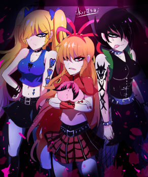3girls berserk_(ppg) black_hair blonde_hair blue_eyes bracelet brat_(ppg) brute_(ppg) commentary_request dc_powerpuff_girls fishnets green_eyes highres jewelry kamonoh71376877 long_hair looking_at_viewer midriff multiple_girls orange_hair powerpuff_girls powerpunk_girls ribbon short_hair skirt smile spiked_belt spiked_bracelet spikes twintails