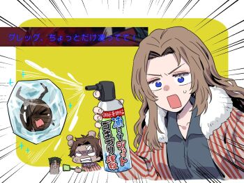 Rule 34 | 1girl, 3boys, blank eyes, blood, blue eyes, bodysack (e.g.o), brown hair, bug spray, clenched teeth, coat, crossed bandaids, dark-skinned male, dark skin, flyswatter, frozen, futou ryouko, gregor (project moon), head bump, heathcliff (project moon), lavacrum sanguinis (e.g.o), limbus company, multiple boys, multiple head bumps, project moon, rodion (project moon), spoilers, striped coat, teeth, the roach emperor, translation request, vergilius (project moon), what is cast (e.g.o)