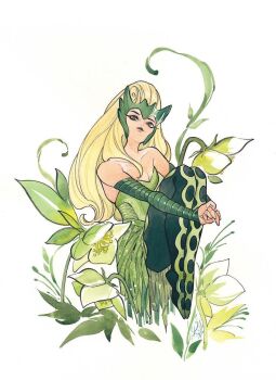 1girl black_pantyhose blonde_hair breasts cleavage detached_sleeves dress enchantress_(marvel) flower green_dress green_eyes green_flower green_lips green_pantyhose green_sleeves green_tiara knees_to_chest leaf long_hair looking_at_viewer makeup marvel multicolored_pantyhose pantyhose peach_momoko small_breasts solo strapless strapless_dress thor_(marvel)_(series) white_background