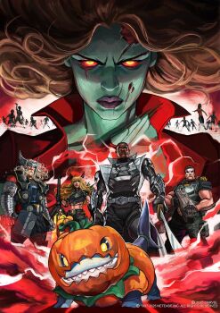 armor avengers_(series) beard blade_(marvel) breasts brown_hair cape cleavage_cutout clothing_cutout dark_skin elbow_spikes facial_hair gloves highres holding holding_sword holding_weapon huge_weapon jeff_(marvel) long_hair looking_at_viewer magic magik_(x-men) marvel marvel_rivals moon_knight pauldrons punk scarlet_witch short_hair short_shorts shorts shoulder_armor shoulder_spikes smile spiked_pauldrons spiked_thigh_strap spikes superhero_costume sword the_punisher_(character) thor_(marvel) uzuri_art wanda_maximoff weapon x-men zombie