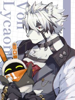1boy 1other absurdres animal_ears ascot bangboo_(zenless_zone_zero) character_name claws closed_eyes closed_mouth colored_tips commentary eous_(zenless_zone_zero) eyepatch furry furry_male grey_vest hagiography highres looking_at_another multicolored_hair red_ascot shirt smile vest von_lycaon white_shirt wolf_boy wolf_ears zenless_zone_zero