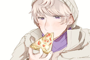 Rule 34 | 1boy, axis powers hetalia, blush, commentary request, down jacket, eating, fingernails, food, fur-trimmed jacket, fur trim, grey hair, hair between eyes, half-closed eyes, hand up, harutoro 39487, hat, holding, holding food, holding pizza, jacket, looking at food, looking down, male focus, open clothes, open jacket, pizza, pizza slice, purple eyes, purple scarf, russia (hetalia), scarf, short hair, simple background, solo, upper body, white background, white hat, white jacket