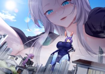 Rule 34 | 3girls, absurdres, ahoge, animal ear fluff, animal ears, black sclera, blue eyes, blush, breasts, building, car, closed mouth, cloud, colored sclera, commentary, dark-skinned female, dark skin, giant, giantess, green eyes, grey hair, grey pants, highres, long hair, motor vehicle, multiple girls, original, pants, parted lips, pointy ears, purple hair, shizeart, sitting, size difference, sky, slit pupils