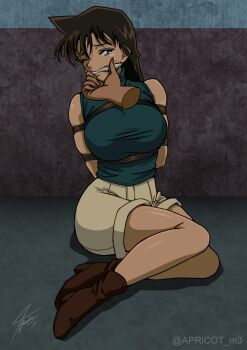 1girl bound breasts brown_hair cleave_gag cloth_gag gag gagged hand_on_another&#039;s_face highres improvised_gag large_breasts long_hair meitantei_conan mouri_ran restrained rope sakura_painter shibari shorts sitting sleeveless sleeveless_turtleneck solo_focus tied_up_(nonsexual) turtleneck yokozuwari