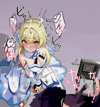 2girls 3: bar_censor blonde_hair box breasts censored cicin_mage_(genshin_impact) cleavage clitoral_stimulation clitoris closed_mouth commentary_request crying crying_with_eyes_open detached_sleeves disembodied_clitoris dress electro_cicin_mage_(genshin_impact) female_orgasm female_pov flower forced_orgasm genshin_impact gloves grey_background hair_between_eyes hair_flower hair_ornament half_gloves halter_dress halterneck heart high-low_dress high-low_skirt highres holding holding_box kneeling looking_at_viewer lucifina_006 lumine_(genshin_impact) medium_breasts multiple_girls orgasm pov pov_hands purple_gloves pussy_juice pussy_juice_puddle saliva shadow shared_sense short_hair_with_long_locks simple_background sleeveless sleeveless_dress solo_focus spoken_heart sweat tears trembling v-shaped_eyebrows v_arms wavy_mouth white_dress white_sleeves yellow_eyes yuri
